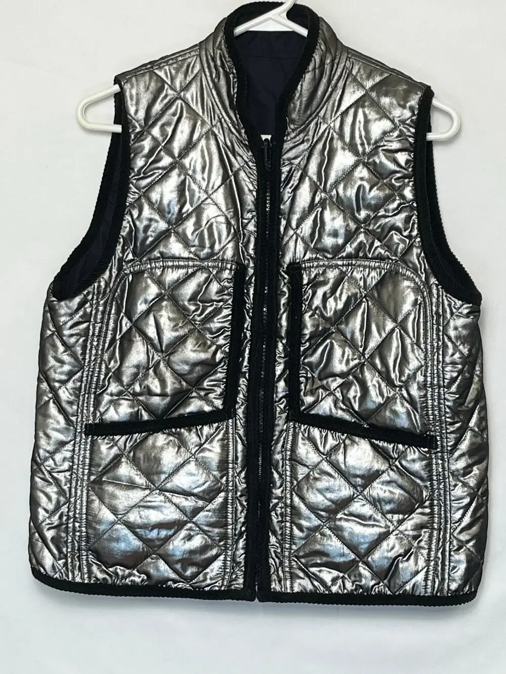 Lauren Ralph Lauren Women’s L Black Silver Quilted Reversible Zip Up Vest Jacket